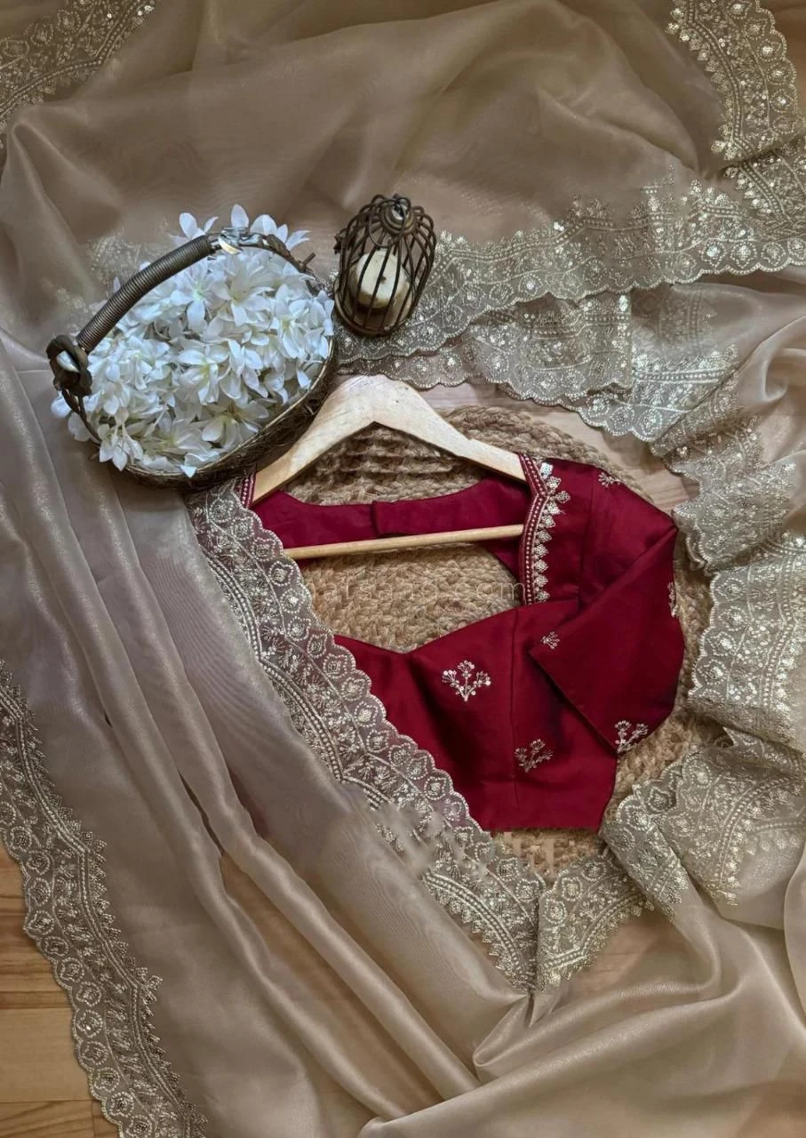 PURE HEAVY JAPAN SATIN SILK FABRIC WITH EMBROIDERY SEQUENCE WITH ZARI WORK ON BLOUSE