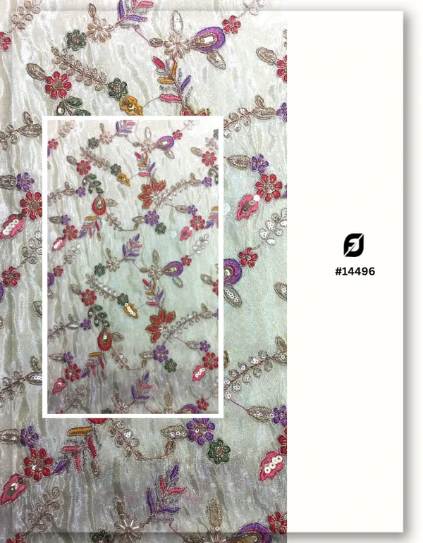 Beaded with Multicolor Allover Floral Embroidered Fabric with Zari – Customizable Base